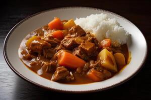 japonés ordinario curry arroz papas, zanahorias, cebollas y carne de vaca en picante amarillo curry servido con al vapor arroz. generativo ai foto