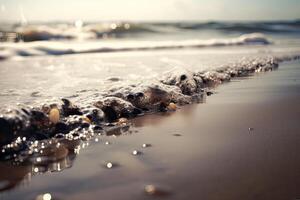 Splashing Wave on Sandy Shore with Sparkling Sunshine on Water. . photo