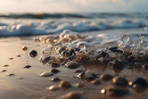 Splashing Wave on Sandy Shore with Sparkling Sunshine on Water. . photo