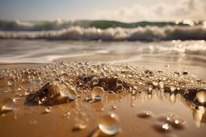 Splashing Wave on Sandy Shore with Sparkling Sunshine on Water. . photo