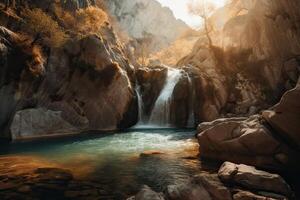 genial ver en cascada con vistoso cielo durante puesta de sol. maravilloso naturaleza paisaje. viaje es un estilo de vida, concepto. Islandia popular sitio de viaje y turístico ubicación. generativo ai. foto