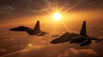 Militar aircraft flying over the clouds in amazing sunset. . photo