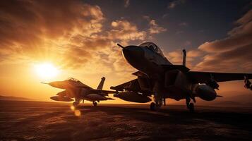 Militar aircraft flying over the clouds in amazing sunset. . photo