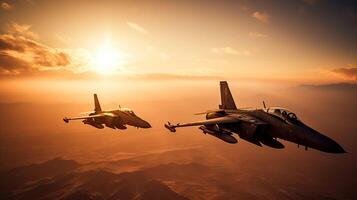 Militar aircraft flying over the clouds in amazing sunset. . photo