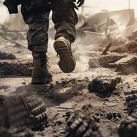 close up Illustration of a military man walking on an empty destroyed environment. Destruction, war scene. Smoke and fog. Sad combat feeling. . photo