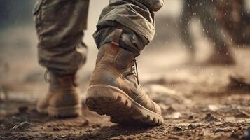 close up Illustration of a military man walking on an empty destroyed environment. Destruction, war scene. Smoke and fog. Sad combat feeling. . photo