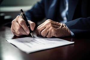 de cerca de persona de negocios firma contrato, escritura papel a el escritorio con bolígrafo y leyendo libros a mesa con básico negocio formar documento trabajando en oficina. generativo ai. foto