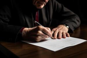 de cerca de persona de negocios firma contrato, escritura papel a el escritorio con bolígrafo y leyendo libros a mesa con básico negocio formar documento trabajando en oficina. generativo ai. foto