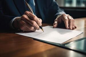 de cerca de persona de negocios firma contrato, escritura papel a el escritorio con bolígrafo y leyendo libros a mesa con básico negocio formar documento trabajando en oficina. generativo ai. foto