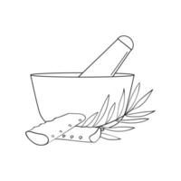 Bowl and aloe grind in a mortar and pestle. Preparation of herbs for medical and cosmetic procedures vector