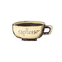 Vector illustration of espresso coffee mug in the style of freehand drawing in color. Hot coffee mug icon for menu, logo or banner design