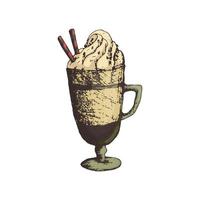 Vector illustration of a tall glass of coffee with foam or cream, cappuccino in the style of freehand drawing and color. Icon for shop or cafe, restaurant menu design