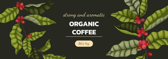 Concept of advertising coffee with branches and coffee berries in cartoon style. A horizontal banner on a brown background for mail and website vector