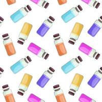 Vector illustration of a seamless pattern with small glass bottles in cartoon style. Multi-colored bottles with wooden corks with oil or medicine. For packaging or wrapping paper