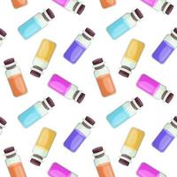 Vector illustration of a seamless pattern with small glass bottles in cartoon style. Multi-colored bottles with wooden corks with oil or medicine. For packaging or wrapping paper