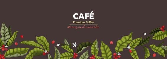 Vector illustration concept of advertising coffee with branches and berries of coffee tree in cartoon style. Horizontal banner or brochure spread on brown background about premium coffee.