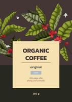 Vector illustration concept of advertising coffee with branches and berries of coffee tree in cartoon style. Vertical banner, label or packaging design for coffee beans or ground