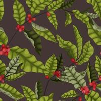 Vector illustration of a seamless pattern with leaves and berries on the branches of a coffee tree in a cartoon style. Elegant, infused pattern for coffee packaging and coffee brand design