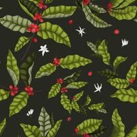 Vector illustration of a seamless pattern with leaves, flowers and berries on the branches of a coffee tree in a cartoon style. Elegant, infused pattern for coffee packaging and fabric