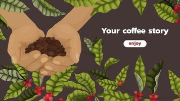 Concept of advertising coffee with branches and berries of coffee tree in cartoon style. Horizontal banner on brown background with palms and coffee beans about cultivation and production vector