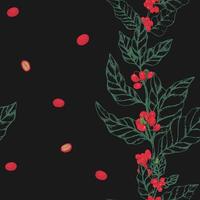 Seamless pattern with coffee branches. Illustration of leaves and berries of coffee in sketch colorfull style. Vintage dark grey background with leaves and coffee. vector