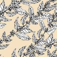 Seamless pattern with coffee branches. Illustration of leaves and berries of coffee in sketch engraving style. Vintage background with leaves and coffee on vanilla backdrop. vector