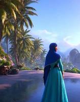 Cute 3D character of Islamic woman in blue hood photo