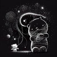 Cute Dream Cat Ink Illustration - photo