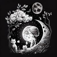 Cute Dream Cat Ink Illustration - photo