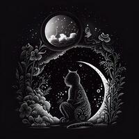 Cute Dream Cat Ink Illustration - photo
