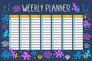 Weekly planner. Summer marine pattern with Octopuses, corals, starfish, algae, shells and fish. Red and blue. ocean dwellers. Flat style. Template design. Schedule for printing, calendar, study, work. vector