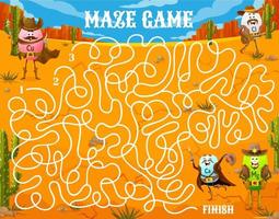 Labyrinth maze with cowboy vitamin cute characters vector