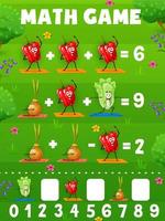 matemáticas juego hoja de cálculo, dibujos animados alegre vegetales vector