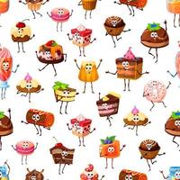 Cartoon cake, cupcake characters seamless pattern vector
