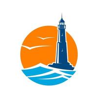 Lighthouse beacon icon, sea light house, seagulls vector