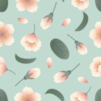 Sakura flowers, buds and leaves. Seamless pattern. Botanical illustration in realistic style, cherry blossom. Hanami Festival. For wallpaper, printing on fabric, wrapping, background. vector