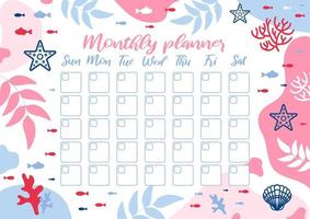 Monthly planner. Summer marine pattern with corals, starfish, algae, shells and fish. Red and blue colors. ocean dwellers. Flat style. Template design. Schedule for printing, calendar, study or work. vector