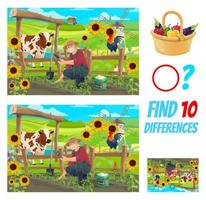 Find ten differences of farmer on field, kids game vector