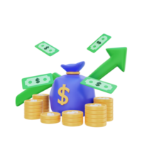 3d money bag grow up investment concept illustration png