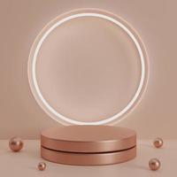 3d render luxury round podium with circle light glowing on rose gold background for product presentation photo