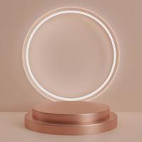 3d render luxury round podium with circle light glowing on rose gold background for product presentation photo