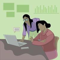 Flat design of two women looking at laptop computer vector