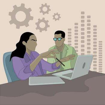 Flat design of discussing a woman and a man using laptop computer vector