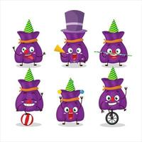 Cartoon character of purple candy sack with various circus shows vector