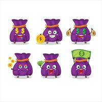 púrpura caramelo saco dibujos animados personaje con linda emoticon traer dinero vector