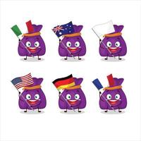 Purple candy sack cartoon character bring the flags of various countries vector