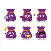 Purple candy sack cartoon character with various types of business emoticons vector