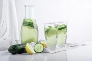 Homemade healthy lemonade with fresh cucumber and lemon for healthy breakfast on white kitchen background. . photo