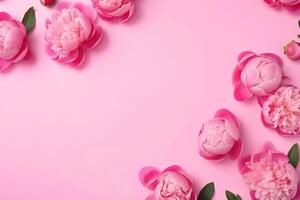 Layout with pink peony on solid background with place for text. Greeting postcard with copy space. . photo