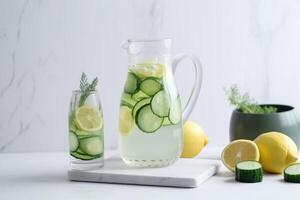 Transparent jar and glass of fresh lemonade with cucumber and lemon. Concept of fitness diet and healthy eating. . photo